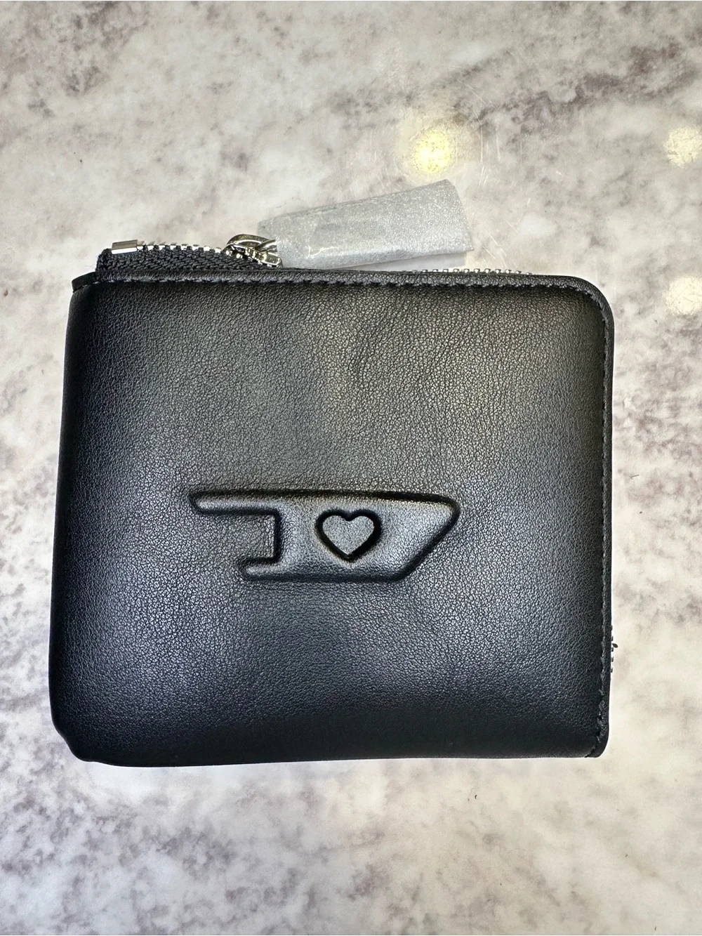 Diesel Black Embossed Heart Zip Coin Wallet